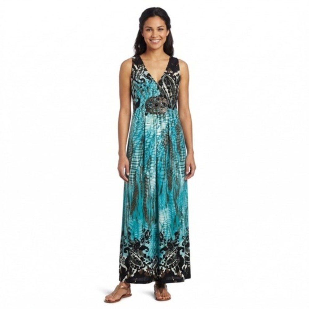 R&M Richards‎ Womens Teal Black Paisley Medallion V-Neck Maxi Dress Size 8